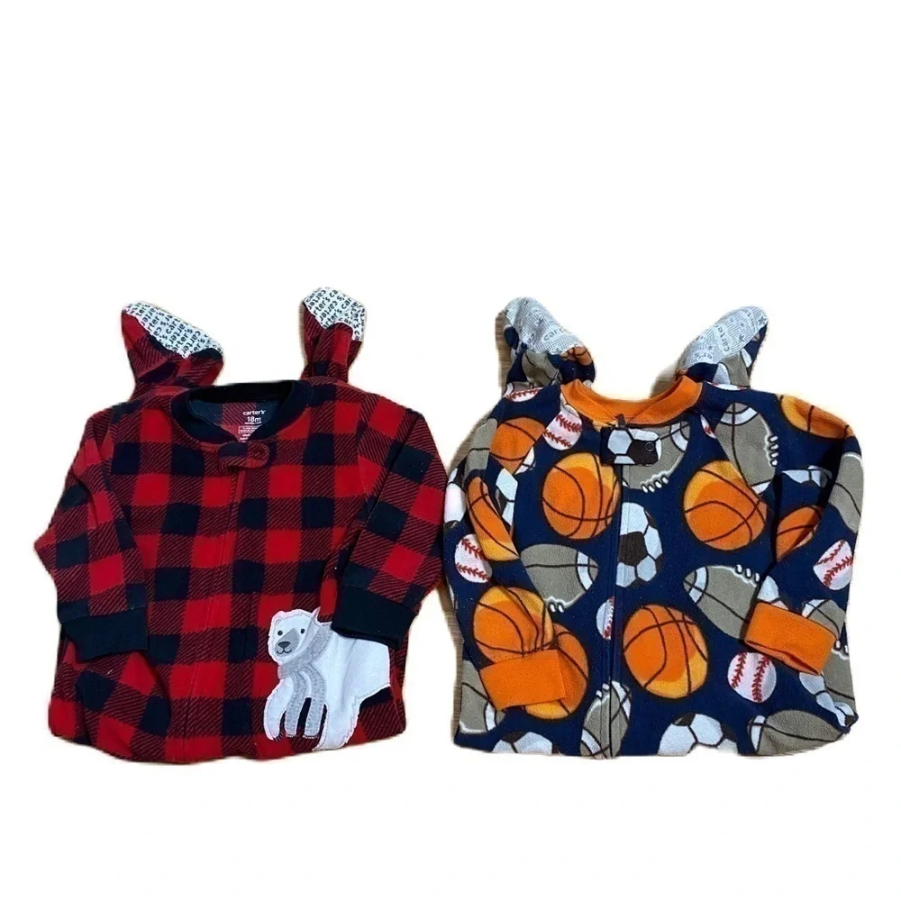 Carter’s Fleece Footed Pajamas 18 mos Buffalo Plaid Red Black Basketball
